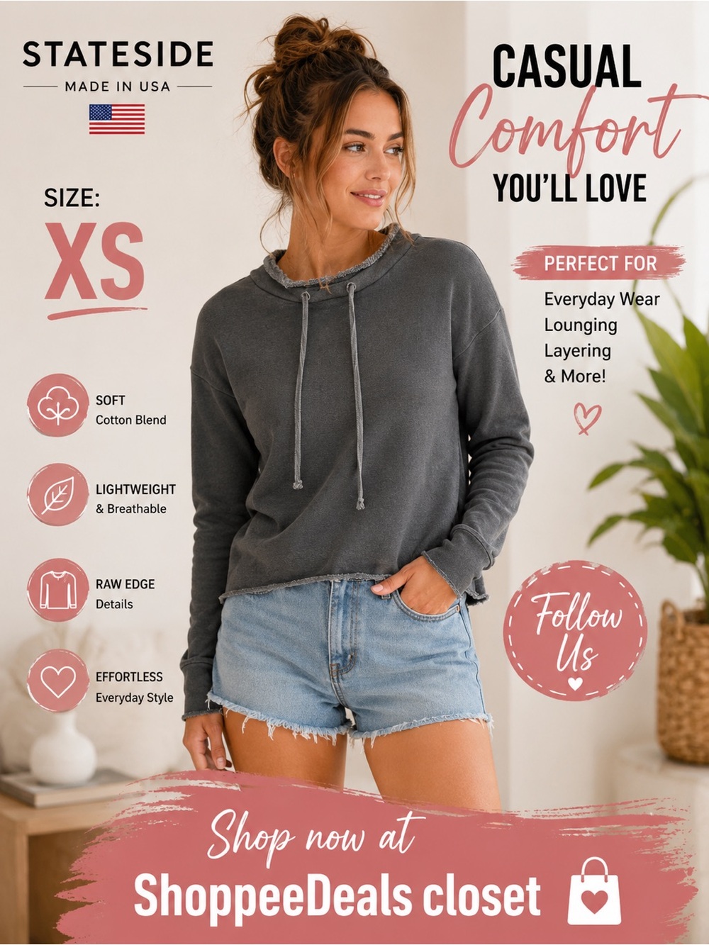 Stateside Made in the USA Gray Raw Edge Sweatshirt – Size XS